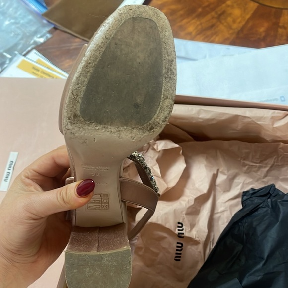 MIU MIU SATIN CRYSTAL EMBELLISHED BLOCK HEEL - Picture 3 of 4